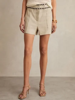 Reiss Neutral Fawn Linen Whipstitch Shorts