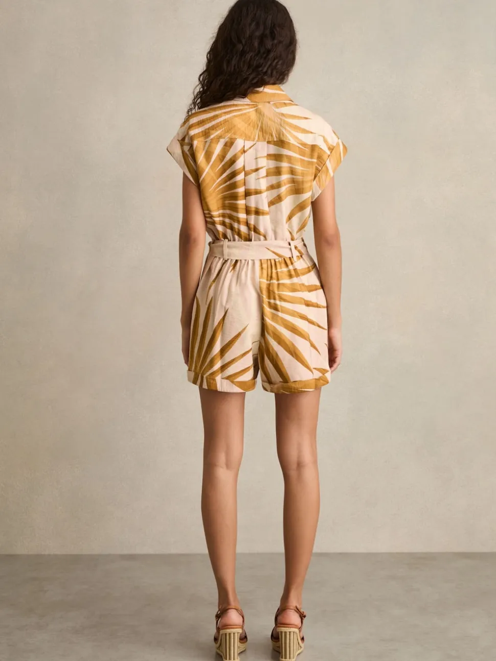Reiss Neutral Harri Palm Print Belted Playsuit