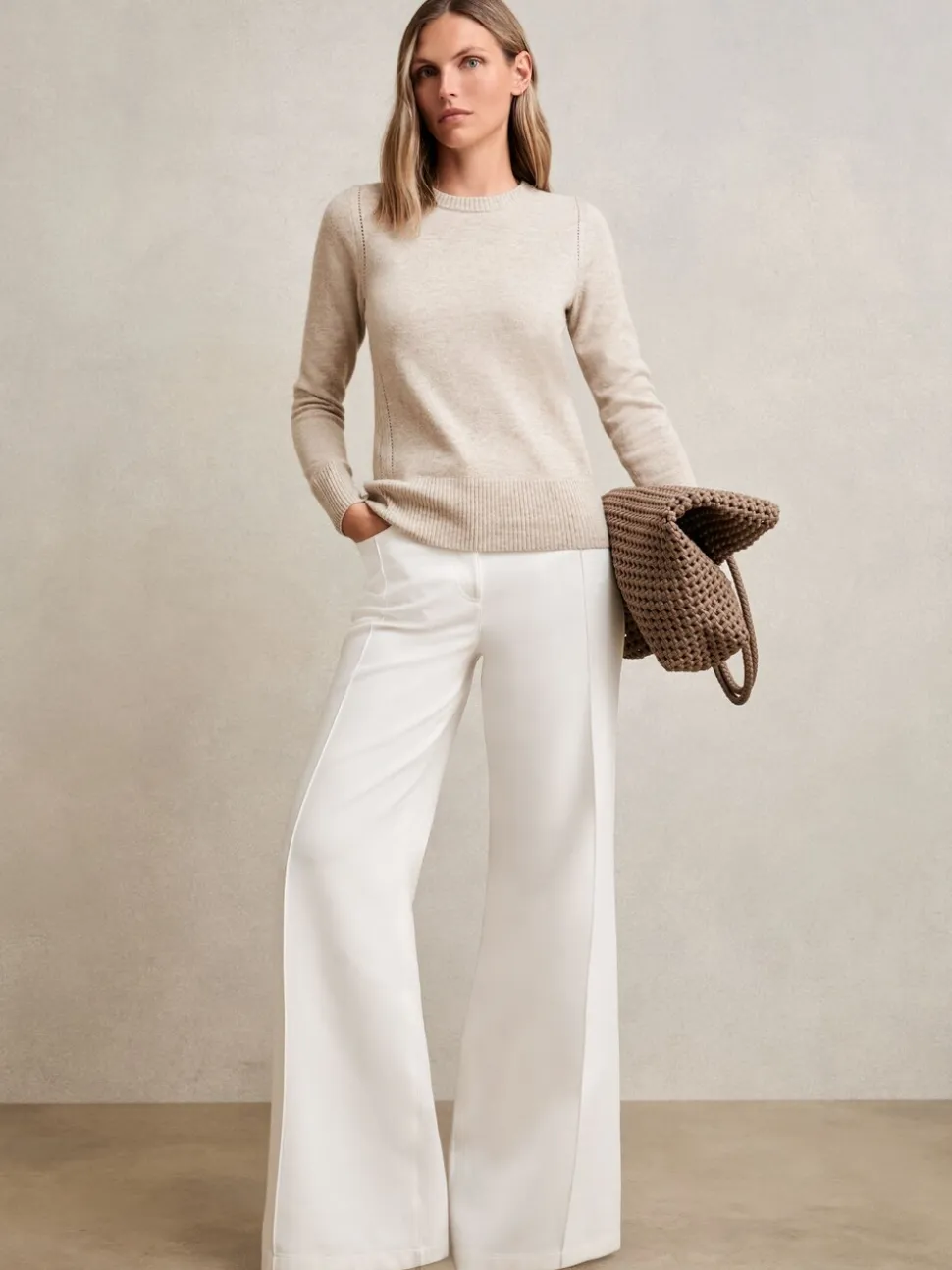 Reiss Oatmeal Neutral Anya Wool-Blend Open-Stitch Jumper with Cashmere