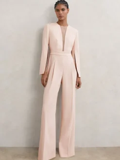 Reiss Pale Pink Evora Plunge-Neck Split-Sleeve Jumpsuit