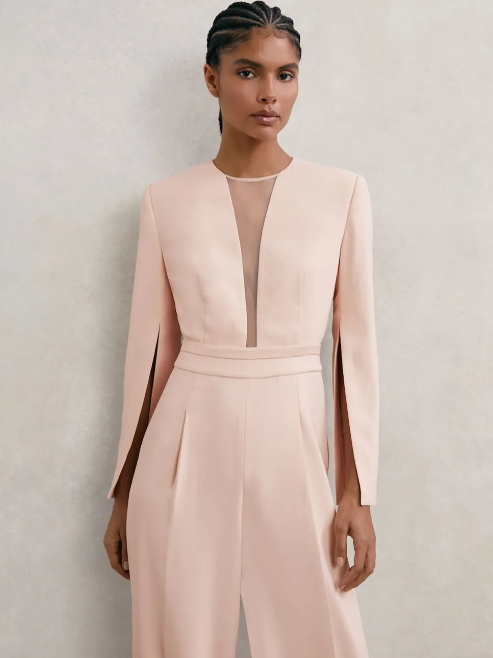 Reiss Pale Pink Evora Plunge-Neck Split-Sleeve Jumpsuit
