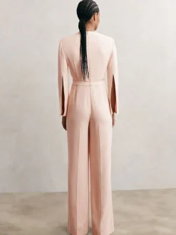 Reiss Pale Pink Evora Plunge-Neck Split-Sleeve Jumpsuit