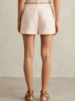 Reiss Pink Beau Linen Pleat-Front Belted Shorts
