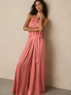 Reiss Pink Rosin Satin Wide-Leg Draped Jumpsuit