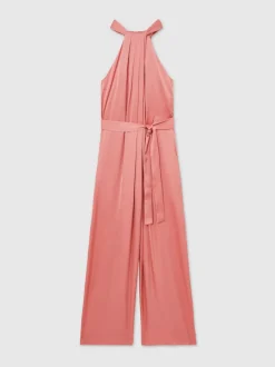 Reiss Pink Rosin Satin Wide-Leg Draped Jumpsuit