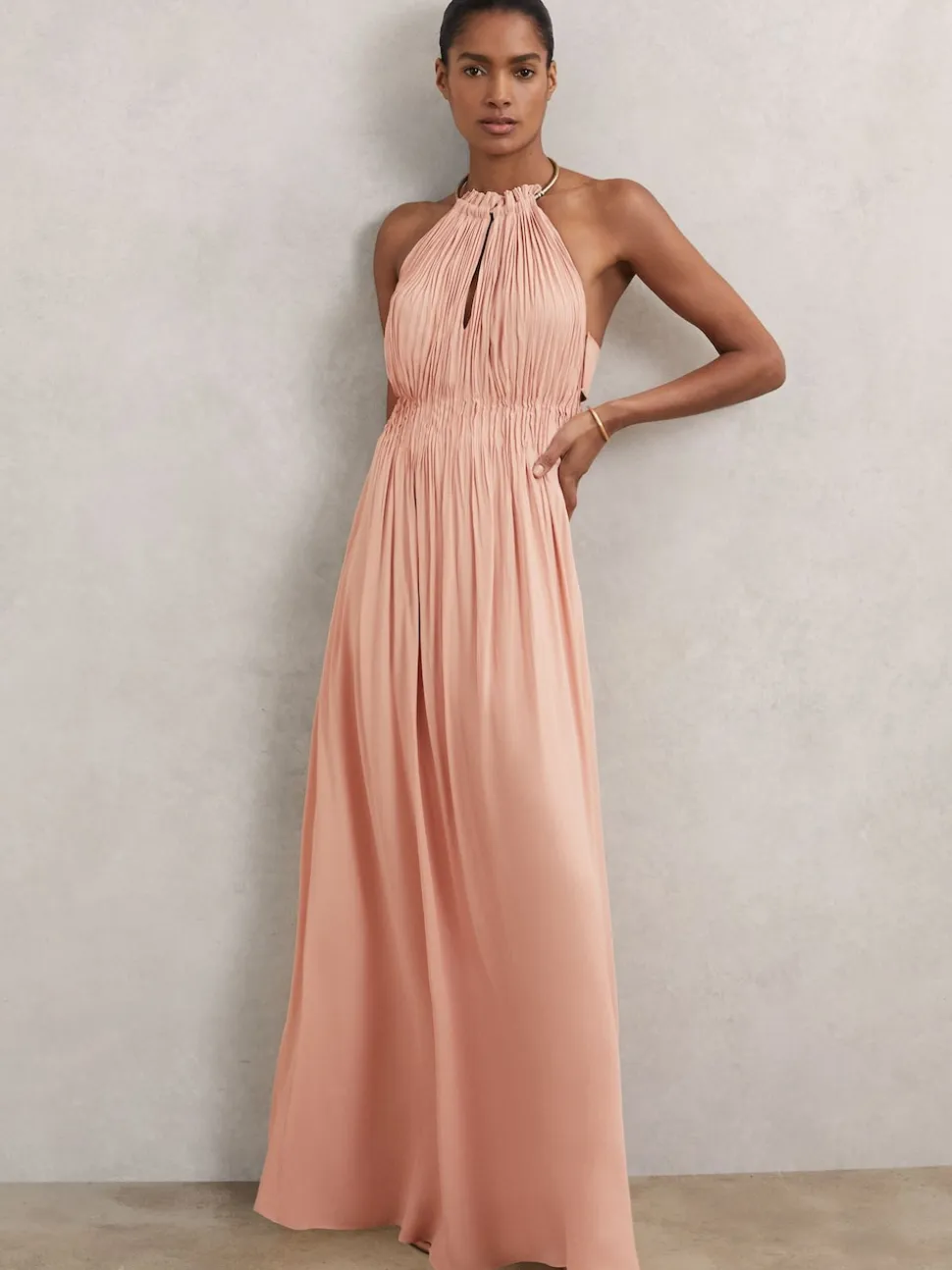 Reiss Pink Vinnie Ring-Detail Halterneck Maxi Dress