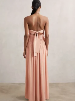 Reiss Pink Vinnie Ring-Detail Halterneck Maxi Dress