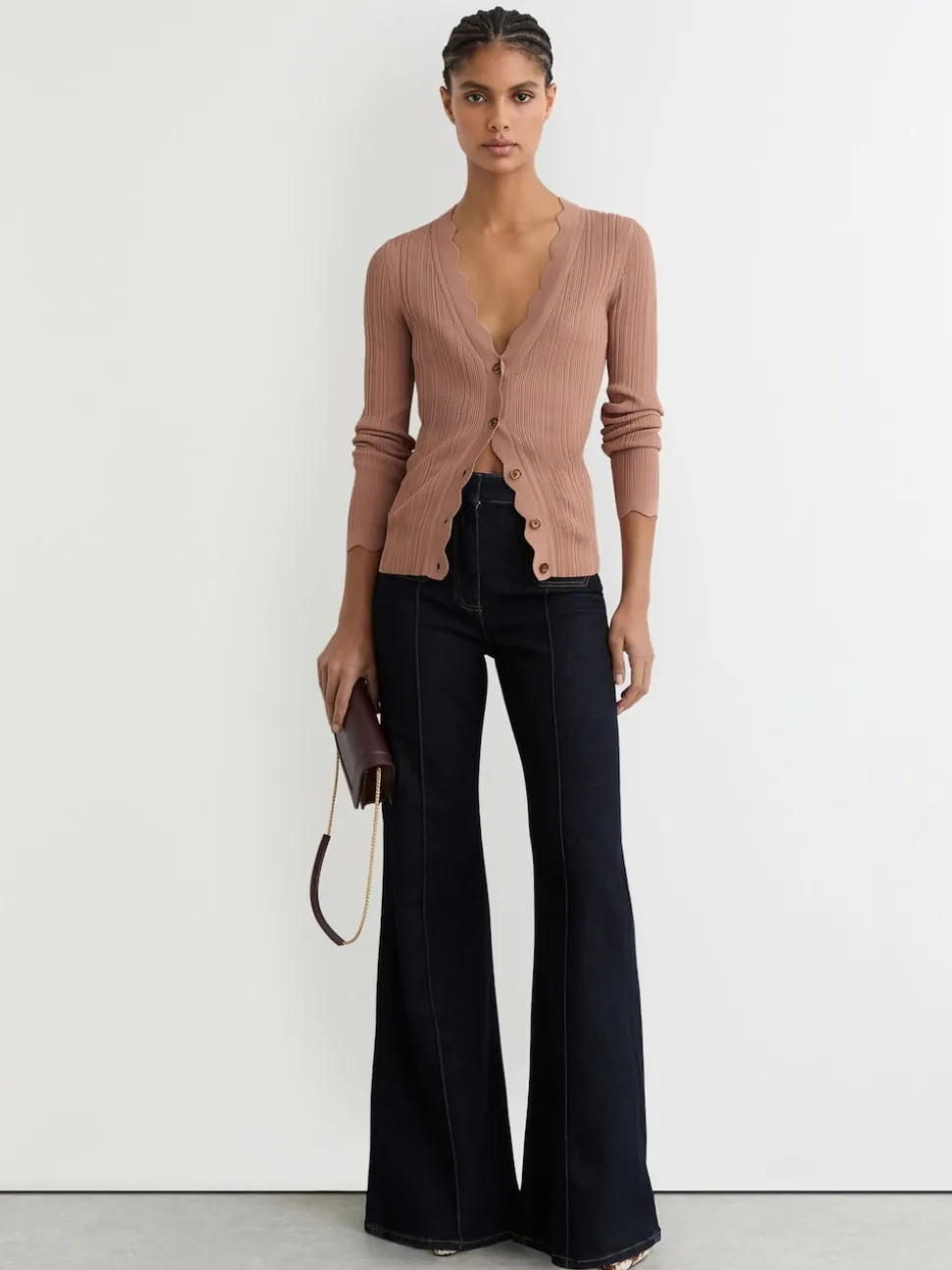 Reiss Pink Vinny Rib-Knit Scallop-Trim Cardigan