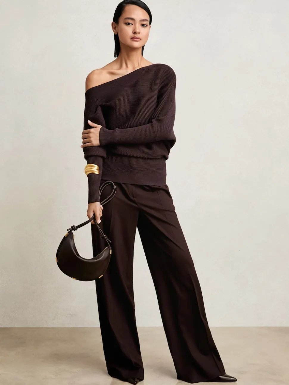Reiss Plum Lorna Asymmetric Draped Knitted Jumper