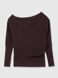 Reiss Plum Lorna Asymmetric Draped Knitted Jumper