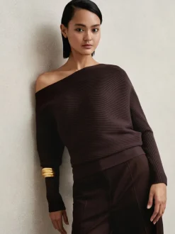 Reiss Plum Lorna Asymmetric Draped Knitted Jumper