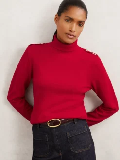 Reiss Red Corrine Wool Epaulette Roll-Neck Jumper
