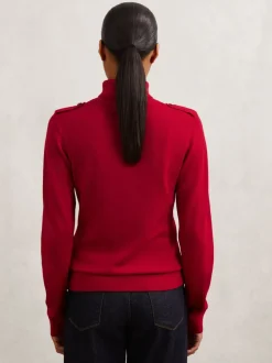 Reiss Red Corrine Wool Epaulette Roll-Neck Jumper