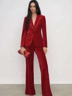 Reiss Red Elia Petite Velvet Tuxedo-Stripe Flared Trousers