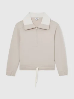 Reiss Stone Neutral Laney Premium Interlock Half-Zip Sweatshirt