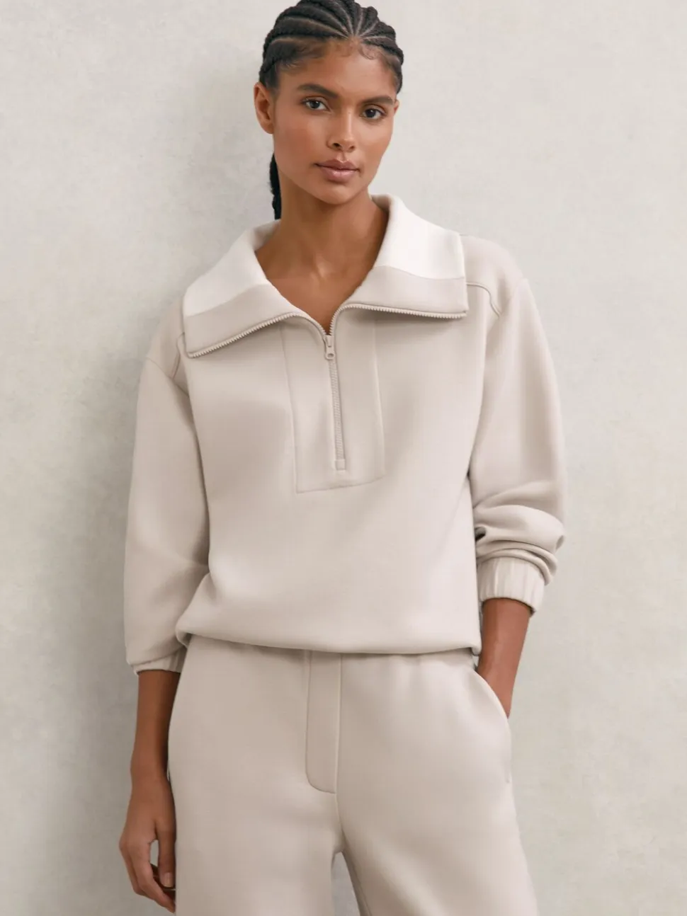 Reiss Stone Neutral Laney Premium Interlock Half-Zip Sweatshirt