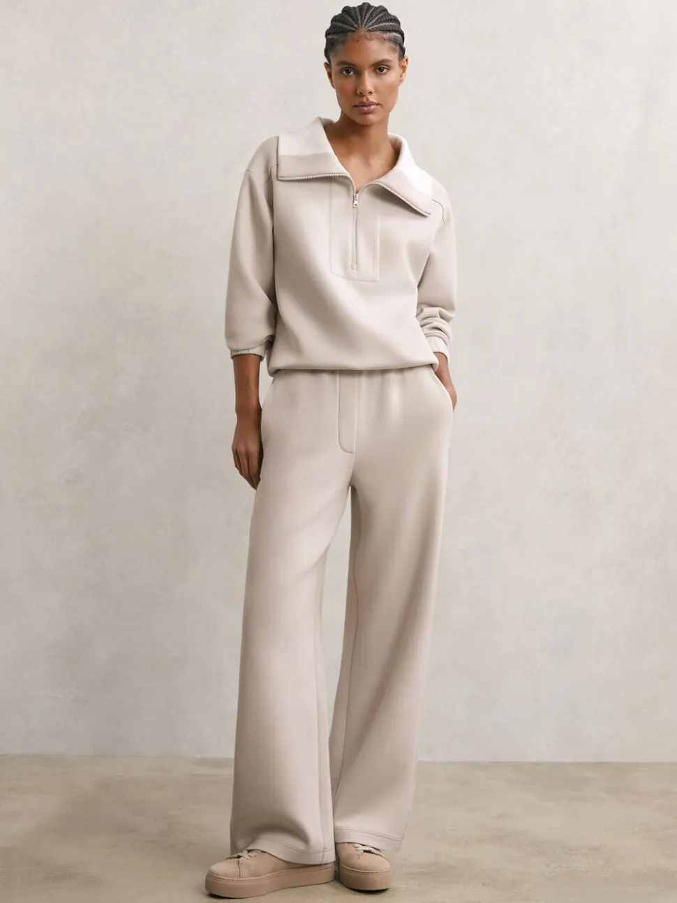 Reiss Stone Neutral Laney Premium Interlock Half-Zip Sweatshirt