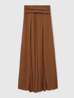 Reiss Tan Brown Saffron Jersey Ruched-Waist Maxi Skirt