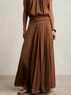 Reiss Tan Brown Saffron Jersey Ruched-Waist Maxi Skirt