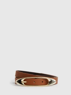 Reiss Tan Evelina Leather Oval-Buckle Belt