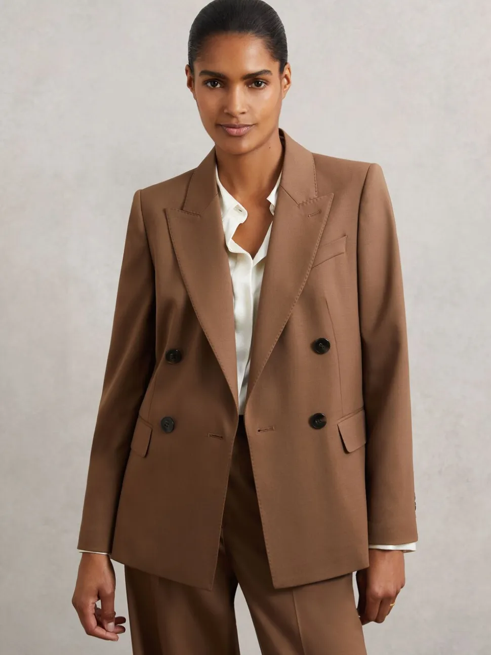 Reiss Tan Solene Wool-Blend Double-Breasted Suit Blazer
