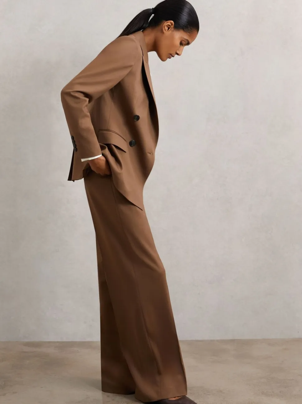 Reiss Tan Solene Wool-Blend Double-Breasted Suit Blazer