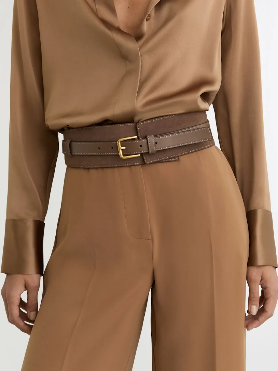 Reiss Taupe Beatrix Leather and Suede Corset Waist Belt
