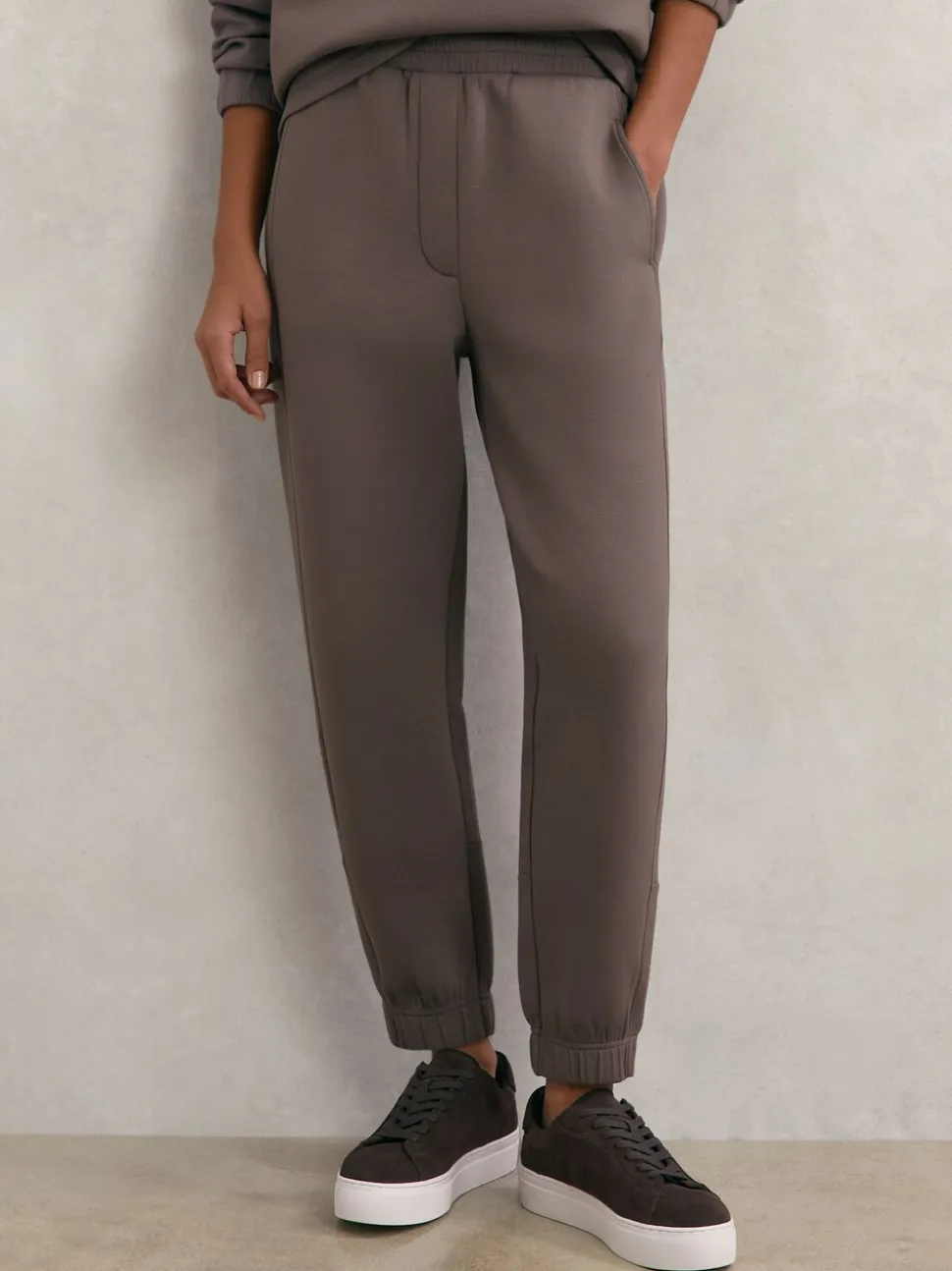 Reiss Taupe Brown Laney Premium Interlock Tapered Joggers