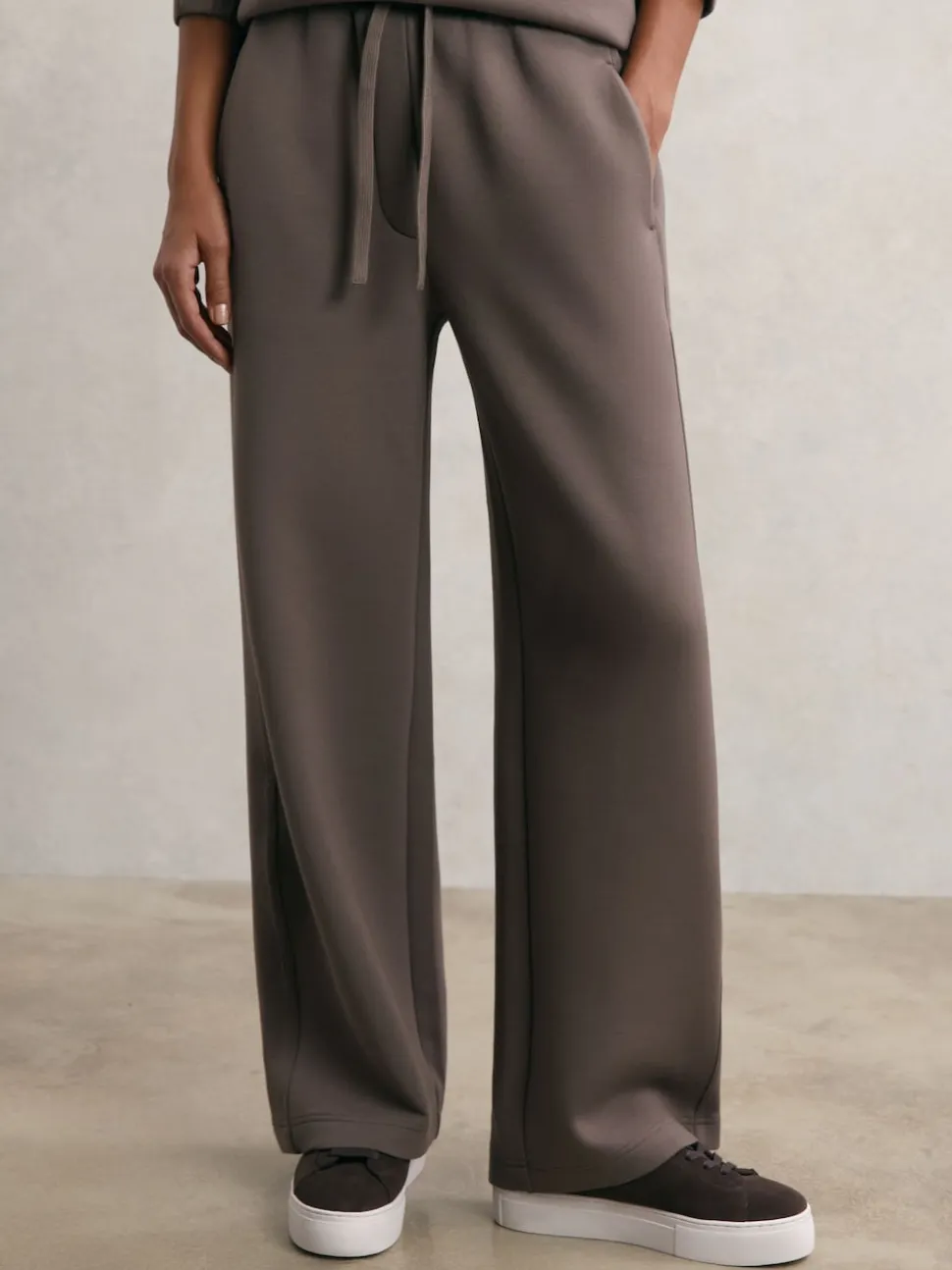 Reiss Taupe Brown Laney Premium Interlock Wide-Leg Joggers