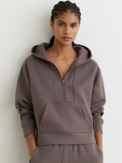 Reiss Taupe Brown Lockie Premium Interlock Half-Zip Hoodie