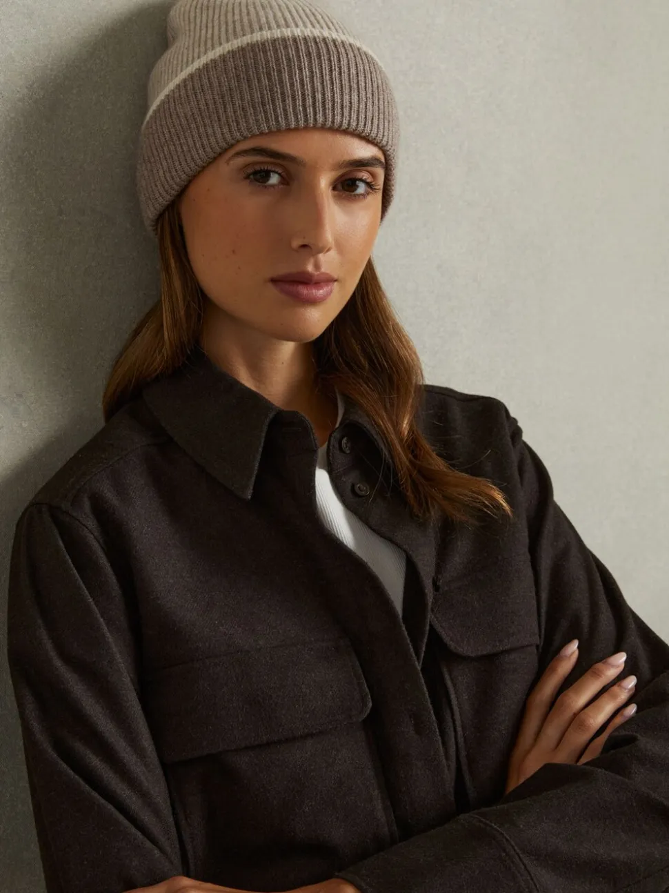 Reiss Taupe Filipa Wool-Blend Tipped Beanie