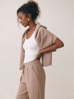 Reiss Taupe Neutral Jemma Petite Premium Interlock Wide-Leg Joggers