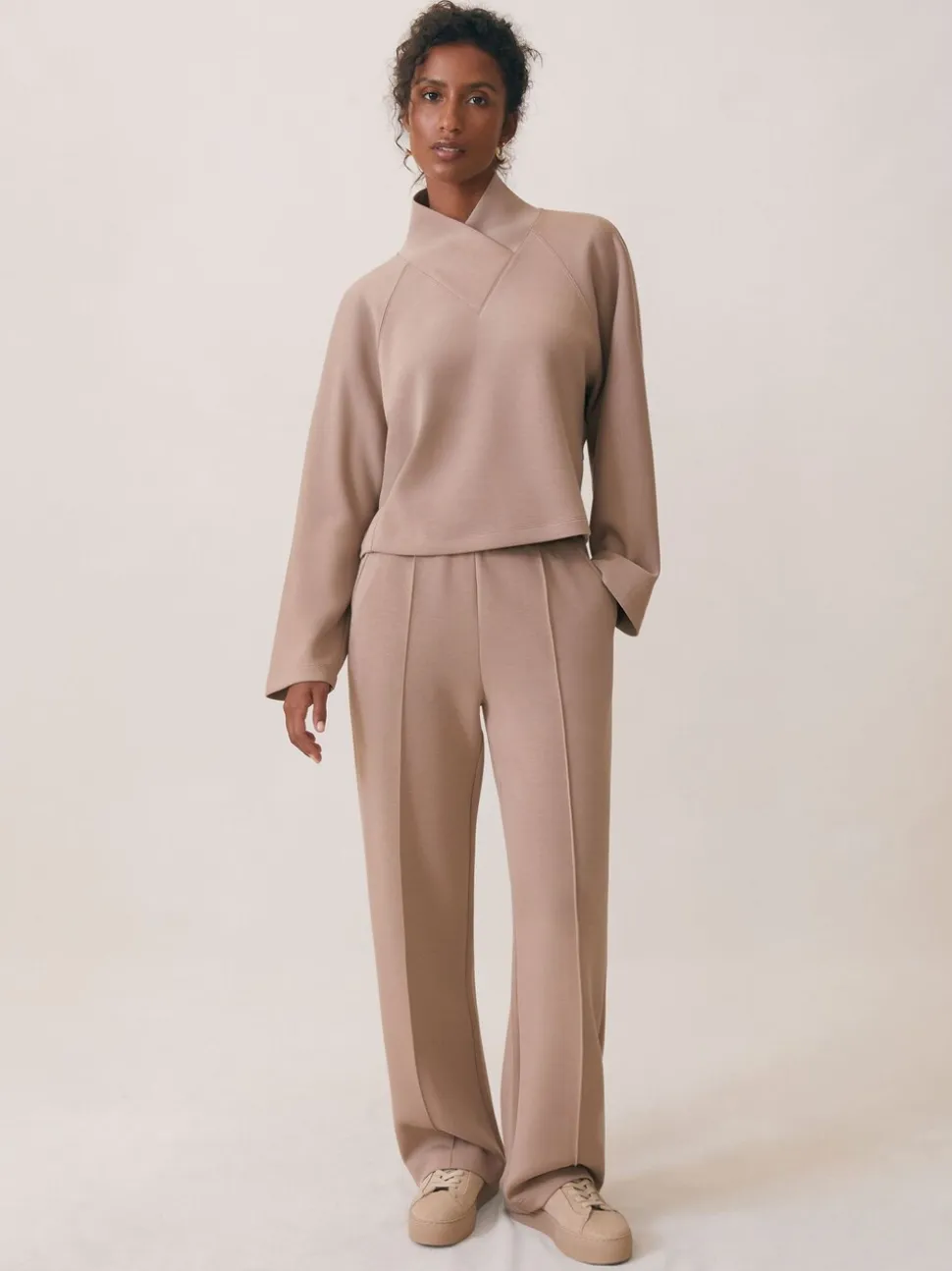 Reiss Taupe Neutral Jemma Petite Premium Interlock Wide-Leg Joggers
