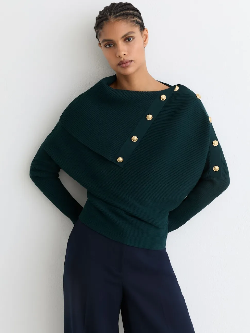 Reiss Teal Blue Lexi Rib-Knit Button Shawl Jumper