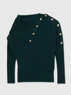 Reiss Teal Blue Lexi Rib-Knit Button Shawl Jumper
