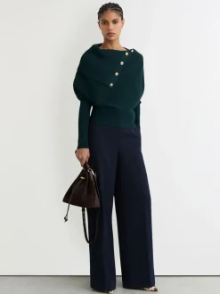 Reiss Teal Blue Lexi Rib-Knit Button Shawl Jumper