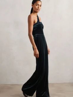 Reiss Teal Green Daria Velvet One-Shoulder Wide-Leg Jumpsuit