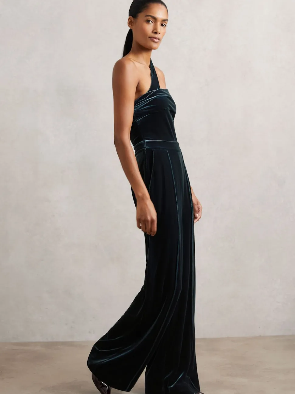Reiss Teal Green Daria Velvet One-Shoulder Wide-Leg Jumpsuit