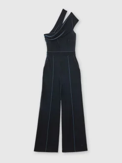 Reiss Teal Green Daria Velvet One-Shoulder Wide-Leg Jumpsuit