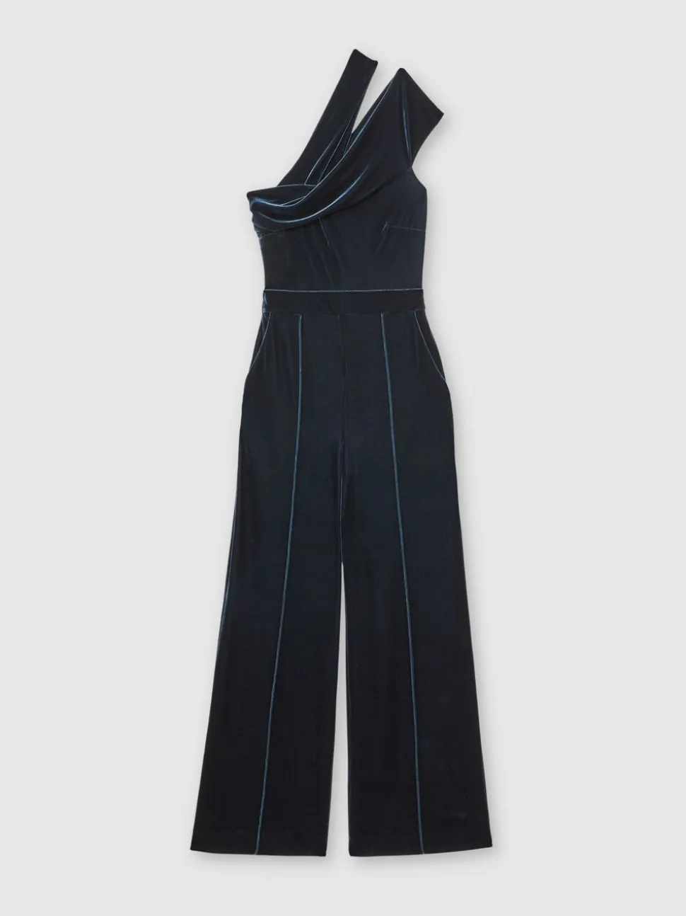 Reiss Teal Green Daria Velvet One-Shoulder Wide-Leg Jumpsuit