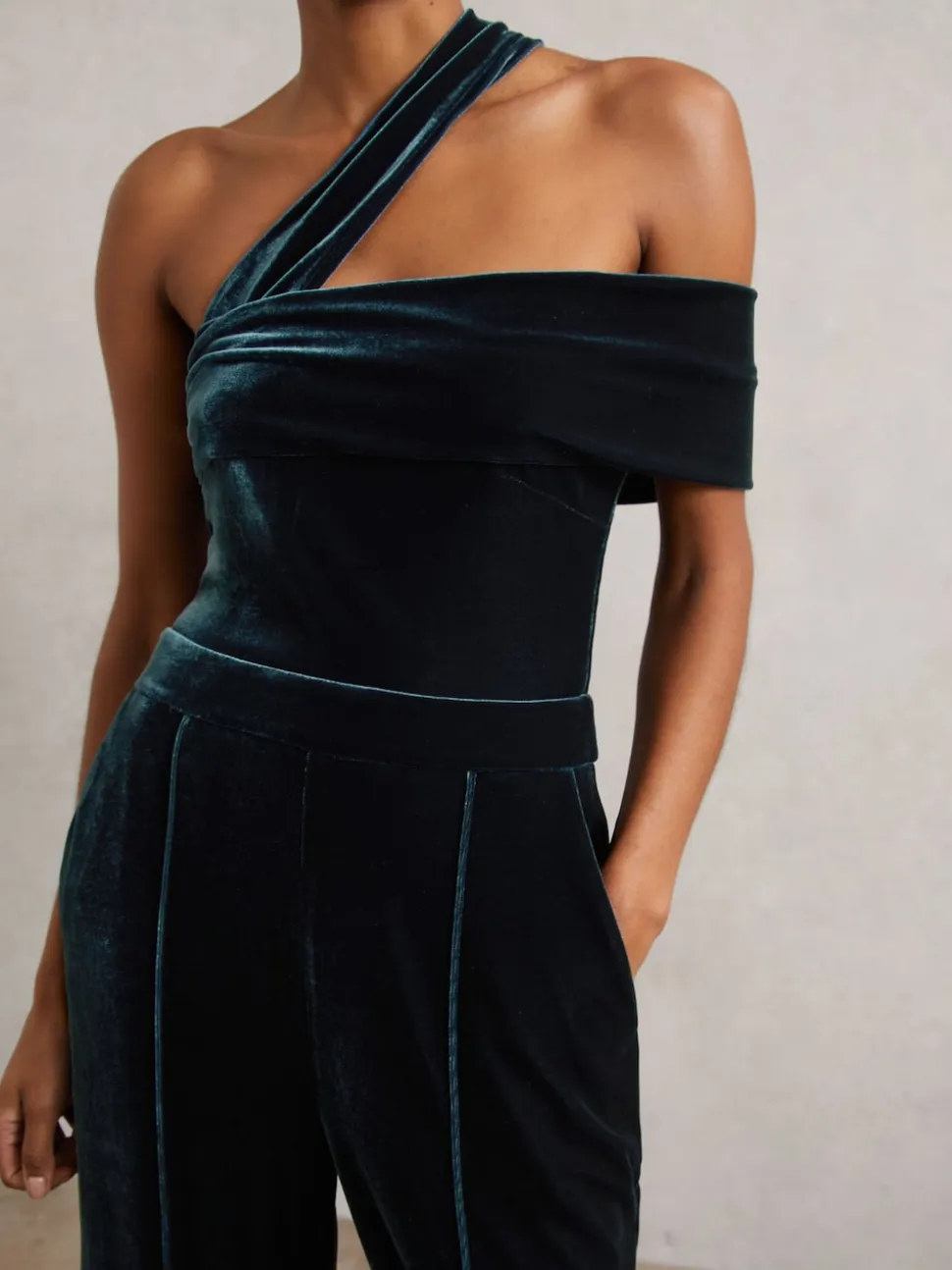 Reiss Teal Green Daria Velvet One-Shoulder Wide-Leg Jumpsuit