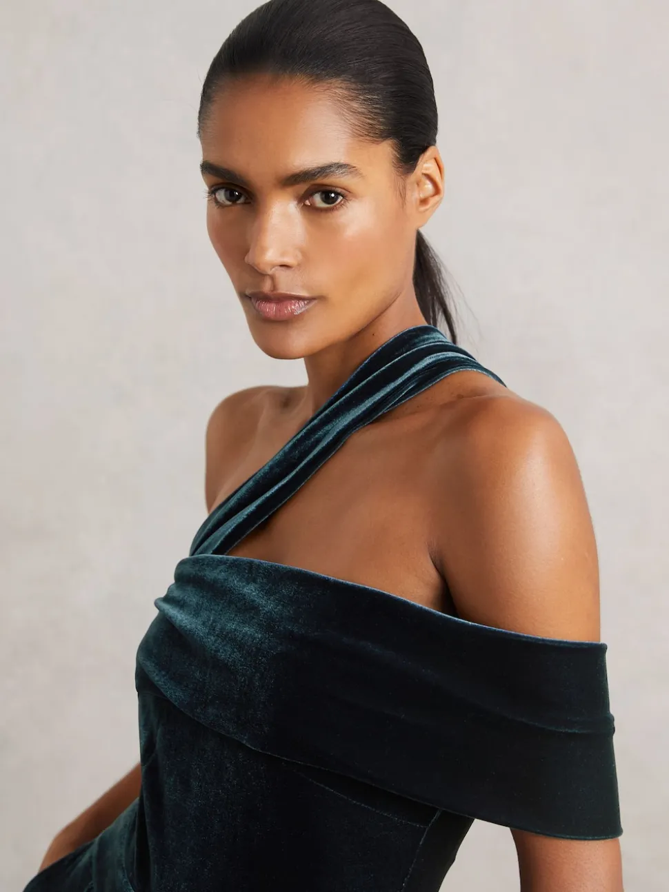 Reiss Teal Green Daria Velvet One-Shoulder Wide-Leg Jumpsuit