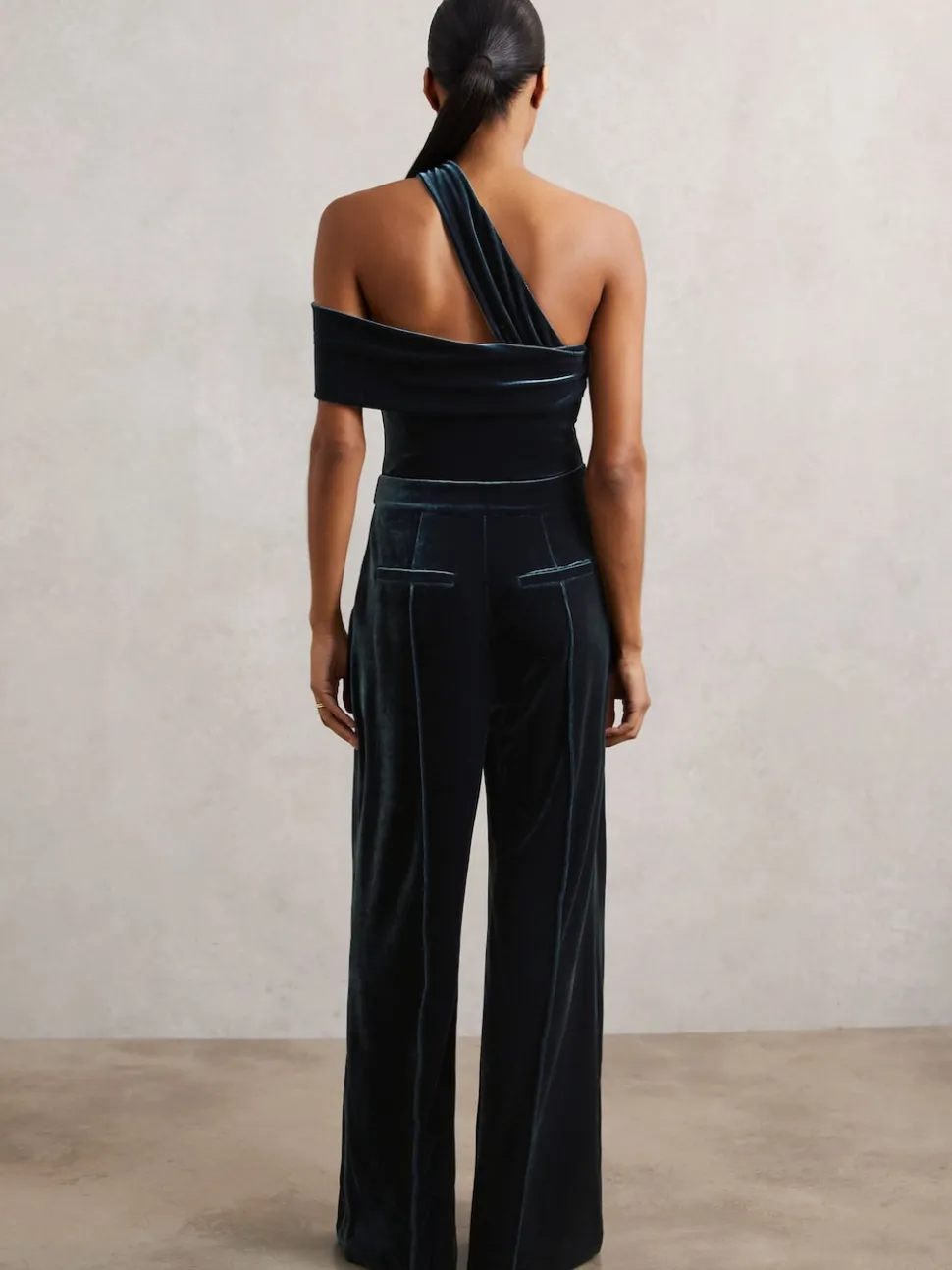 Reiss Teal Green Daria Velvet One-Shoulder Wide-Leg Jumpsuit