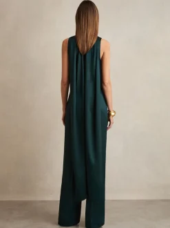 Reiss Teal Green Farah Satin Cape-Sash Jumpsuit