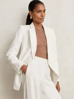 Reiss White Devon Linen-Blend Double-Breasted Suit Jacket