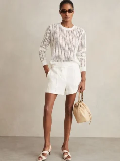 Reiss White Fawn Linen Whipstitch Shorts