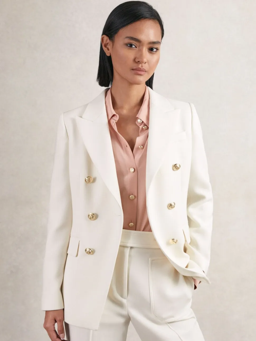 Reiss White Lily Double-Breasted Twill Suit Blazer With Wool