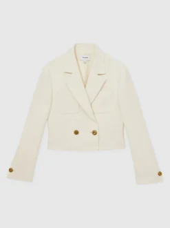 Reiss White Mia Double-Breasted Textured Cropped Blazer with Wool and Cotton
