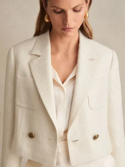 Reiss White Mia Double-Breasted Textured Cropped Blazer with Wool and Cotton