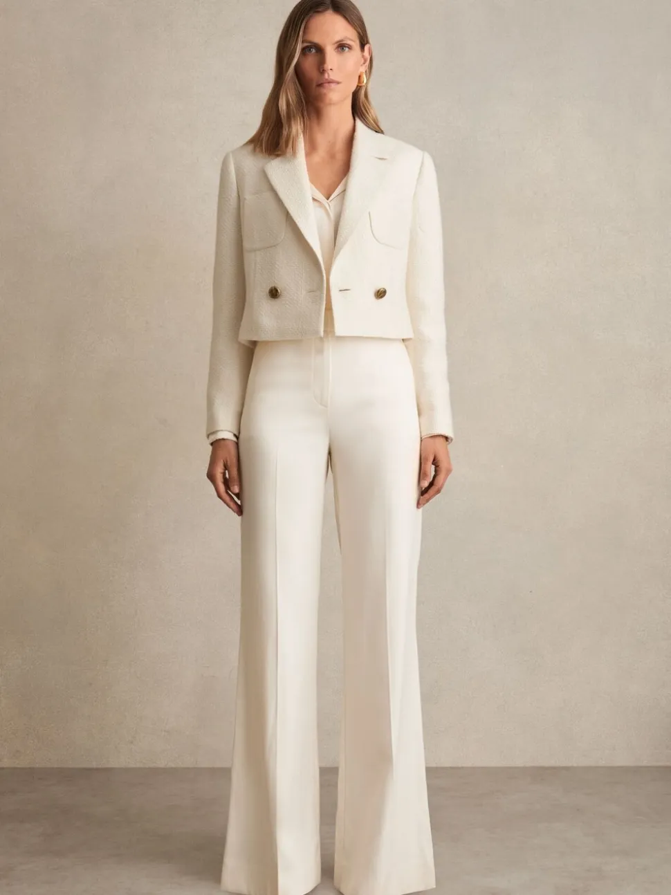 Reiss White Mia Double-Breasted Textured Cropped Blazer with Wool and Cotton